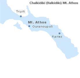 Map of Mount Athos, Chalkidiki (Halkidiki), Macedonia, Greece