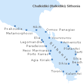 Map of Sithonia, Chalkidiki (Halkidiki), Macedonia, Greece