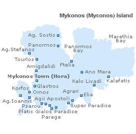 Map of Mykonos Island, Cyclades Islands, Greece