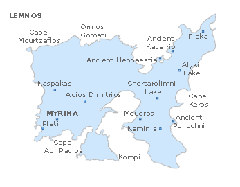 Map of Lemnos   Island, NE Aegean  Islands, Greece