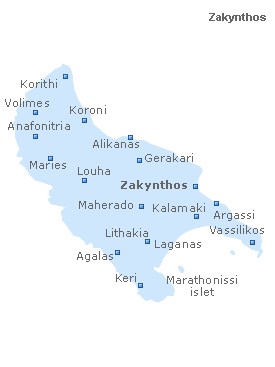 Map of Zakynthos Island, Ionian Islands, Greece
